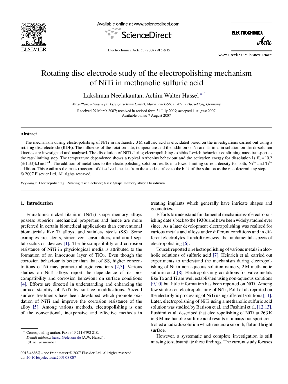 Rotating disc electrode study of the electropolishing mechanism of NiTi in methanolic sulfuric acid