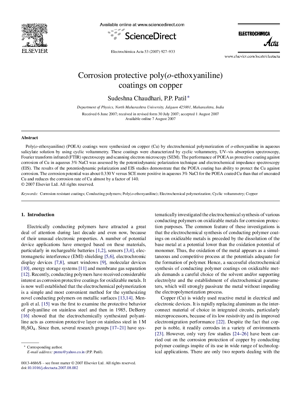 Corrosion protective poly(o-ethoxyaniline) coatings on copper