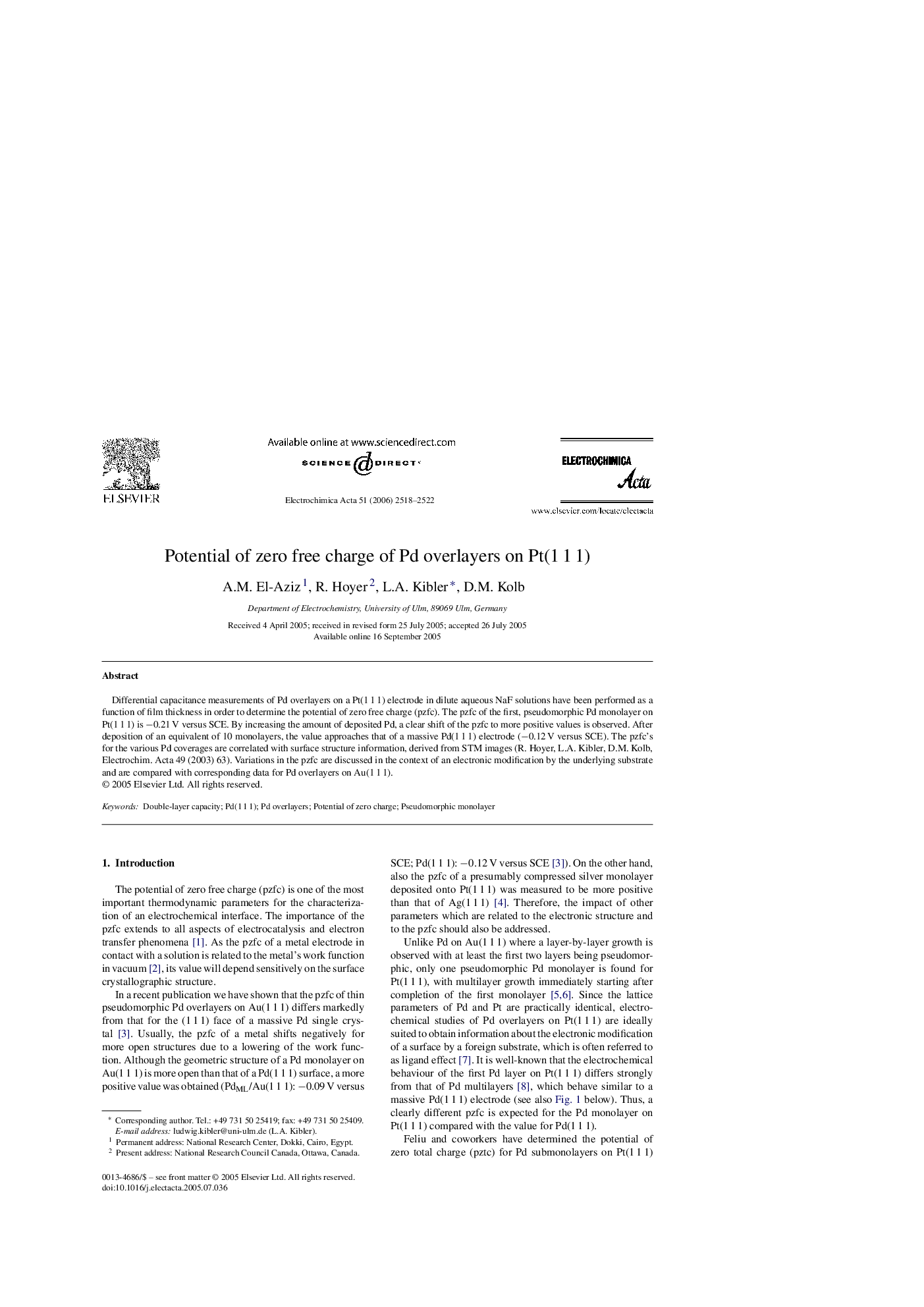 Potential of zero free charge of Pd overlayers on Pt(1 1 1)