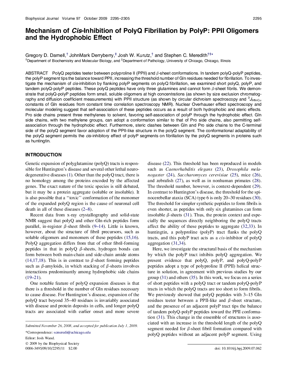 Mechanism of Cis-Inhibition of PolyQ Fibrillation by PolyP: PPII Oligomers and the Hydrophobic Effect