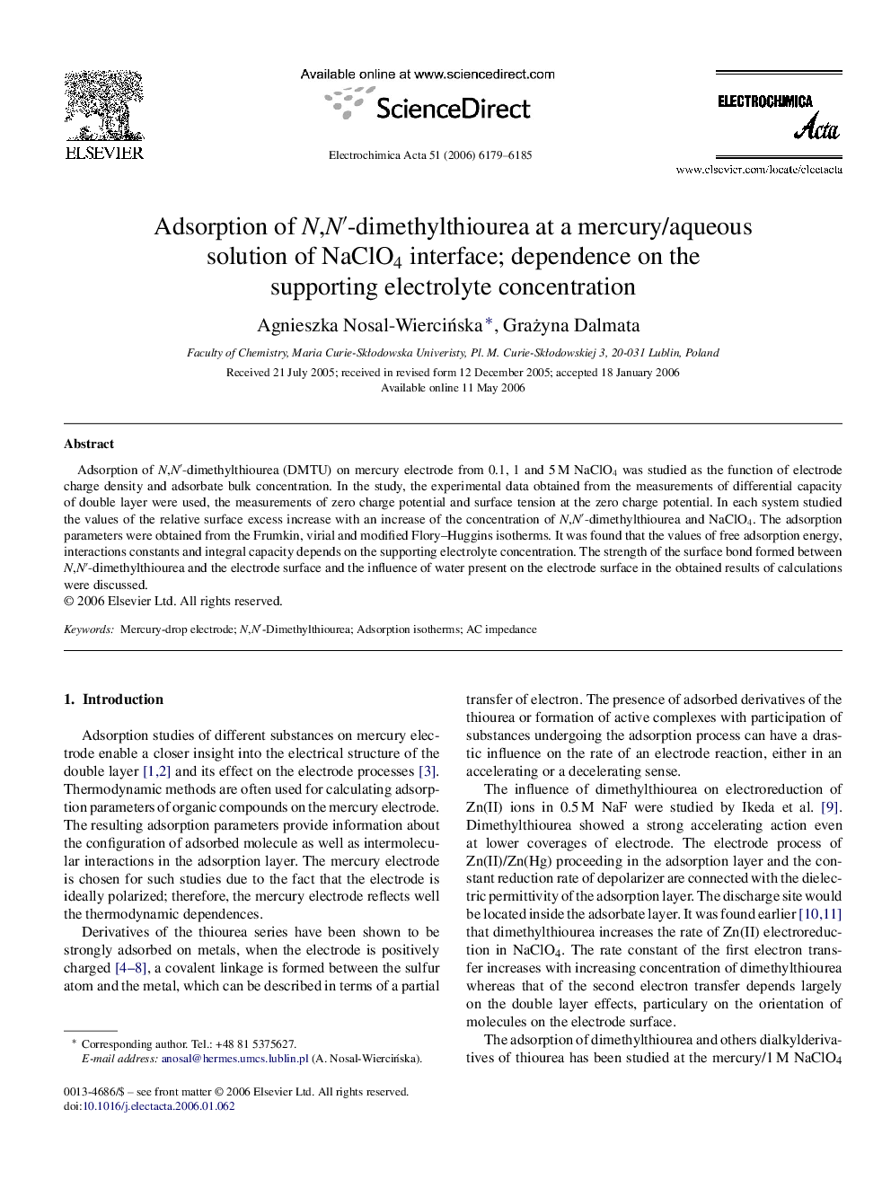 Adsorption of N,N′-dimethylthiourea at a mercury/aqueous solution of NaClO4 interface; dependence on the supporting electrolyte concentration