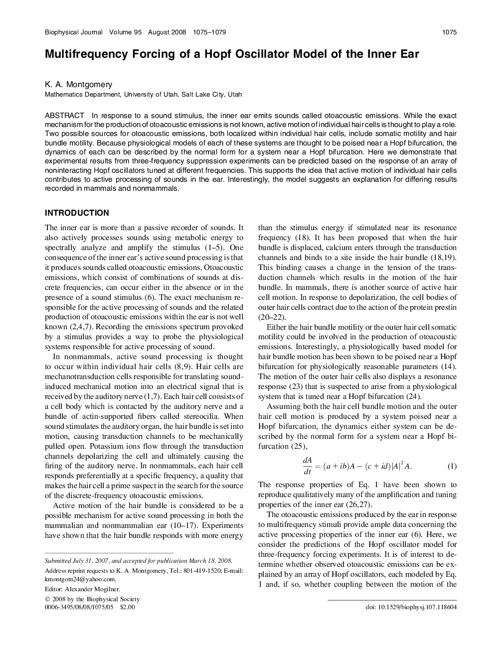 Multifrequency Forcing of a Hopf Oscillator Model of the Inner Ear 