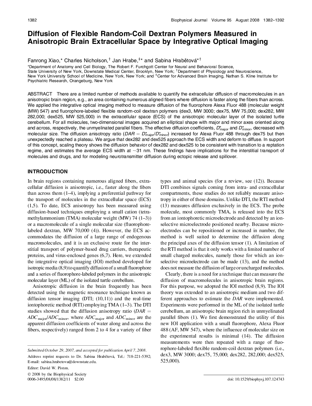 عکس صفحه اول مقاله: Diffusion of Flexible Random-Coil Dextran Polymers Measured in Anisotropic Brain Extracellular Space by Integrative Optical Imaging Diffusion of Flexible Random-Coil Dextran Polymers Measured in Anisotropic Brain Extracellular Space by Integrative Optical Imaging