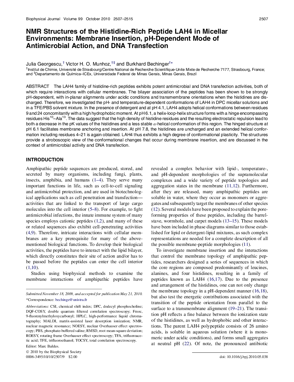 NMR Structures of the Histidine-Rich Peptide LAH4 in Micellar Environments: Membrane Insertion, pH-Dependent Mode of Antimicrobial Action, and DNA Transfection