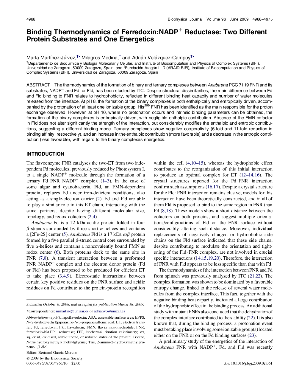 Binding Thermodynamics of Ferredoxin:NADP+ Reductase: Two Different Protein Substrates and One Energetics