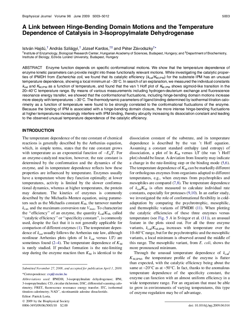 A Link between Hinge-Bending Domain Motions and the Temperature Dependence of Catalysis in 3-Isopropylmalate Dehydrogenase