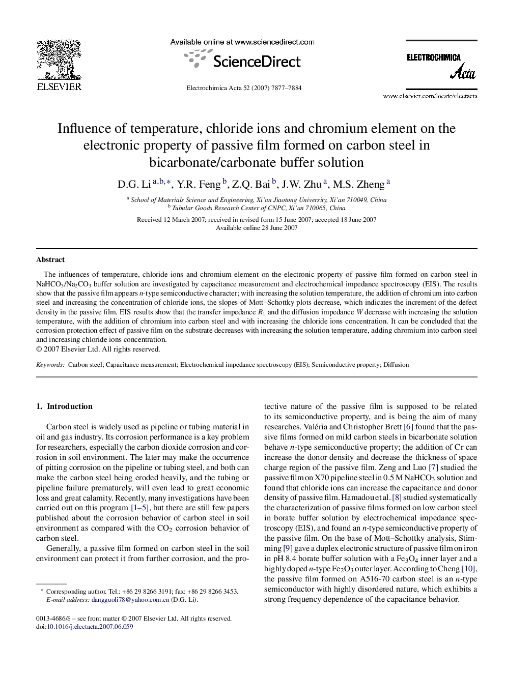 Influence of temperature, chloride ions and chromium element on the electronic property of passive film formed on carbon steel in bicarbonate/carbonate buffer solution