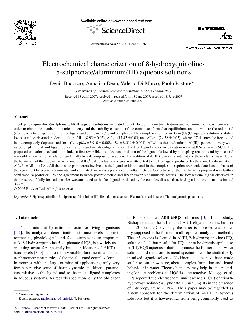 Electrochemical characterization of 8-hydroxyquinoline-5-sulphonate/aluminium(III) aqueous solutions