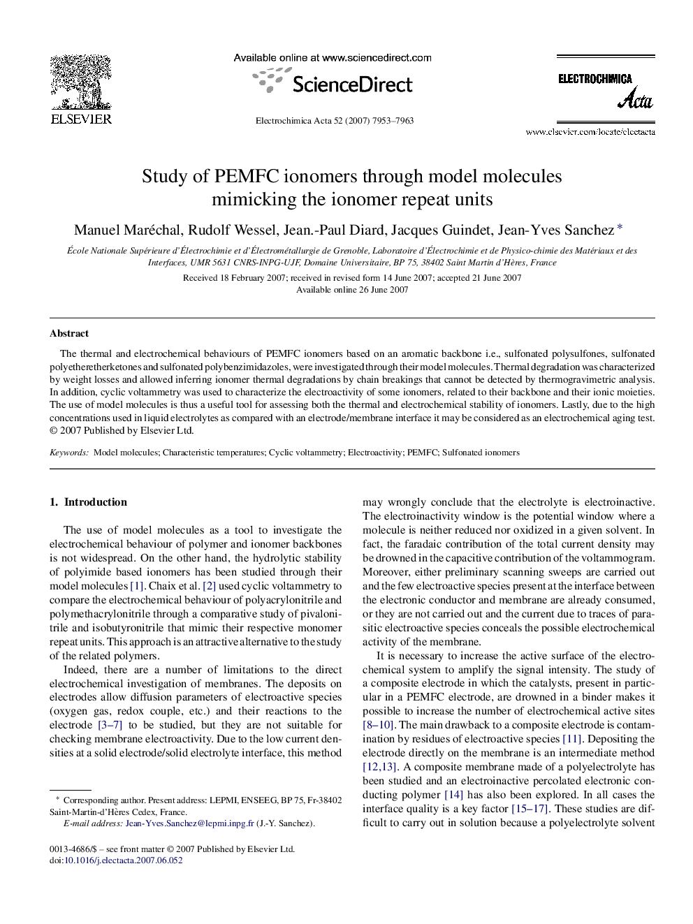 Study of PEMFC ionomers through model molecules mimicking the ionomer repeat units