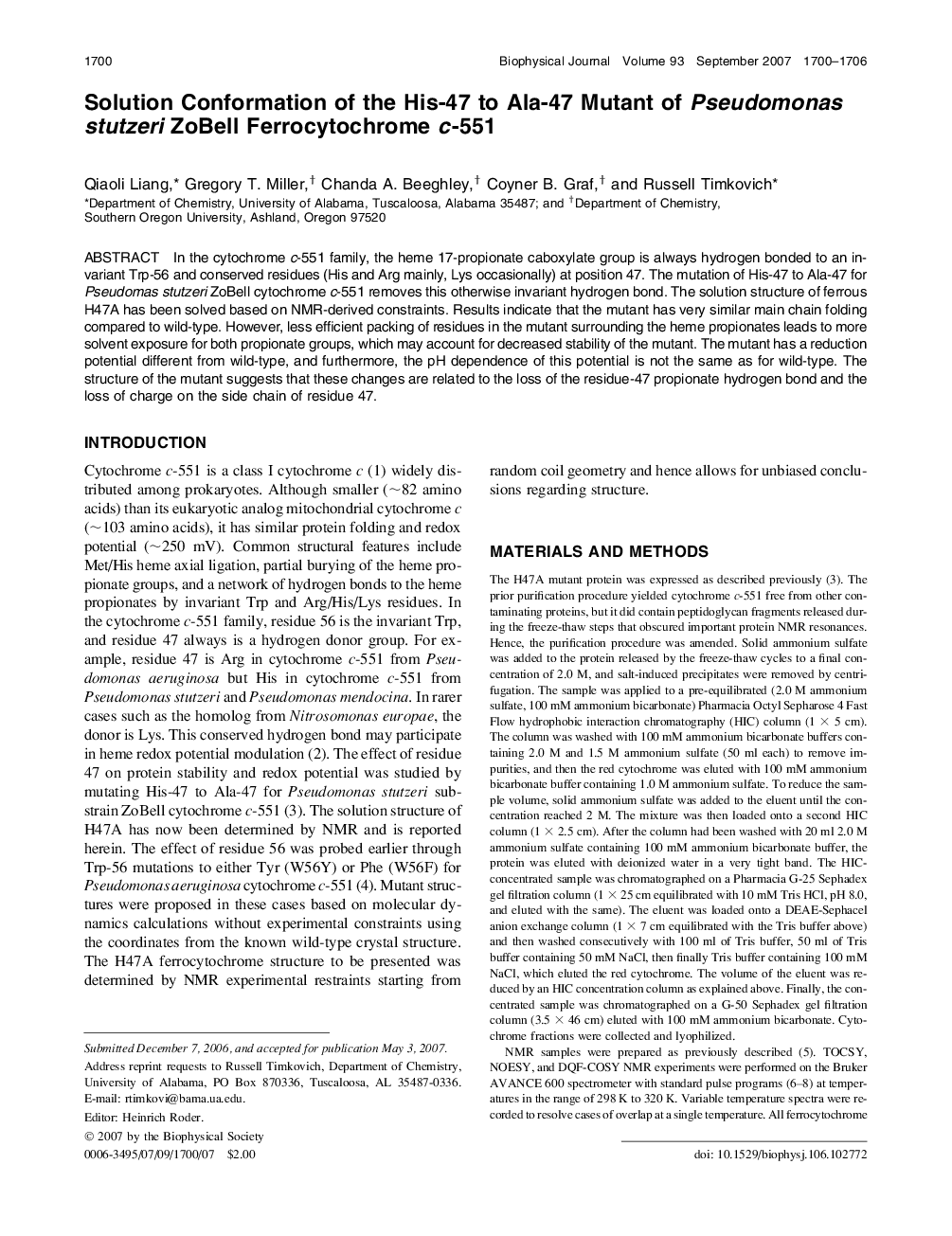 Solution Conformation of the His-47 to Ala-47 Mutant of Pseudomonas stutzeri ZoBell Ferrocytochrome c-551 