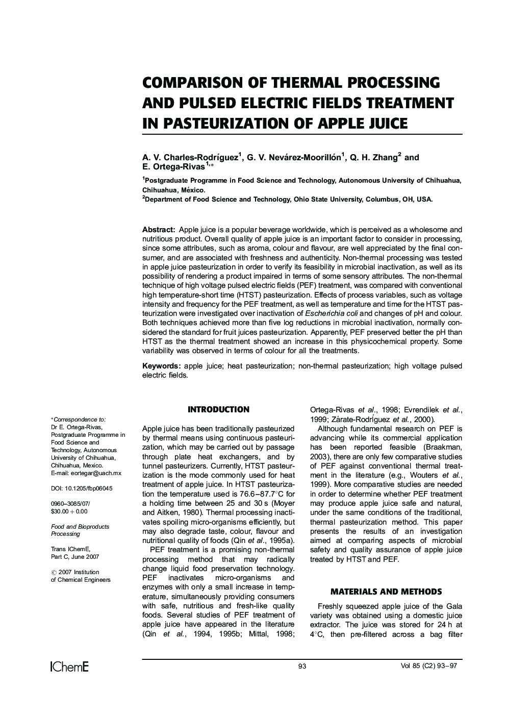 Comparison of Thermal Processing and Pulsed Electric Fields Treatment in Pasteurization of Apple Juice