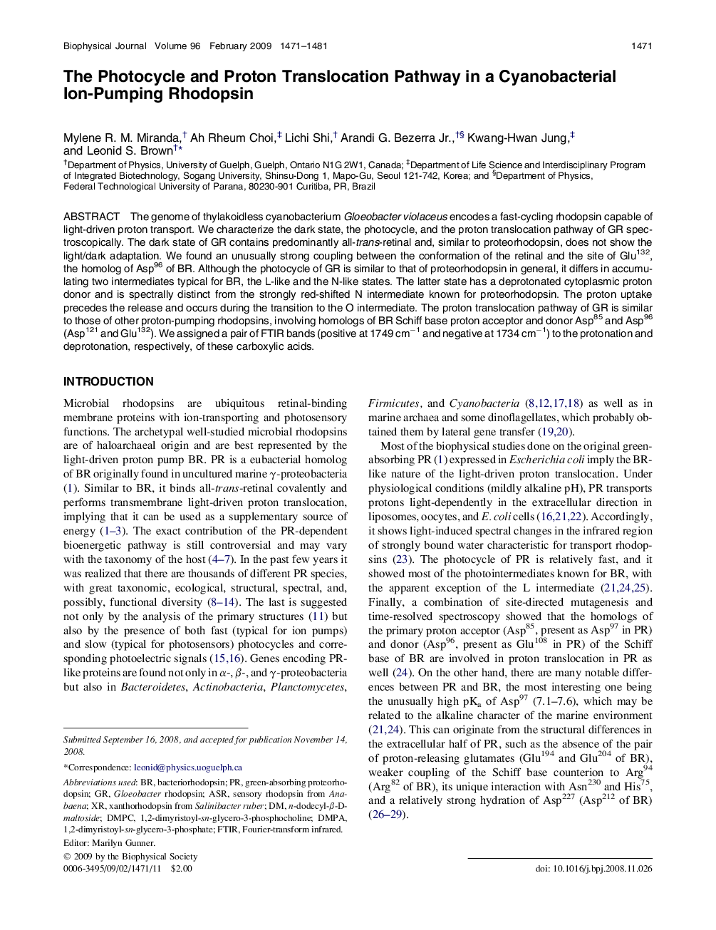 The Photocycle and Proton Translocation Pathway in a Cyanobacterial Ion-Pumping Rhodopsin