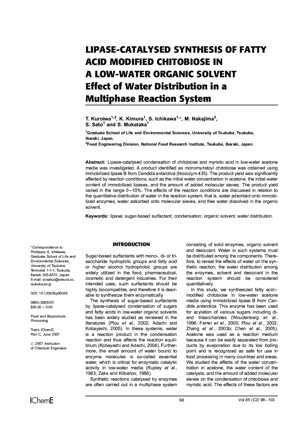 Lipase-Catalysed Synthesis of Fatty Acid Modified Chitobiose in a Low-Water Organic Solvent: Effect of Water Distribution in a Multiphase Reaction System