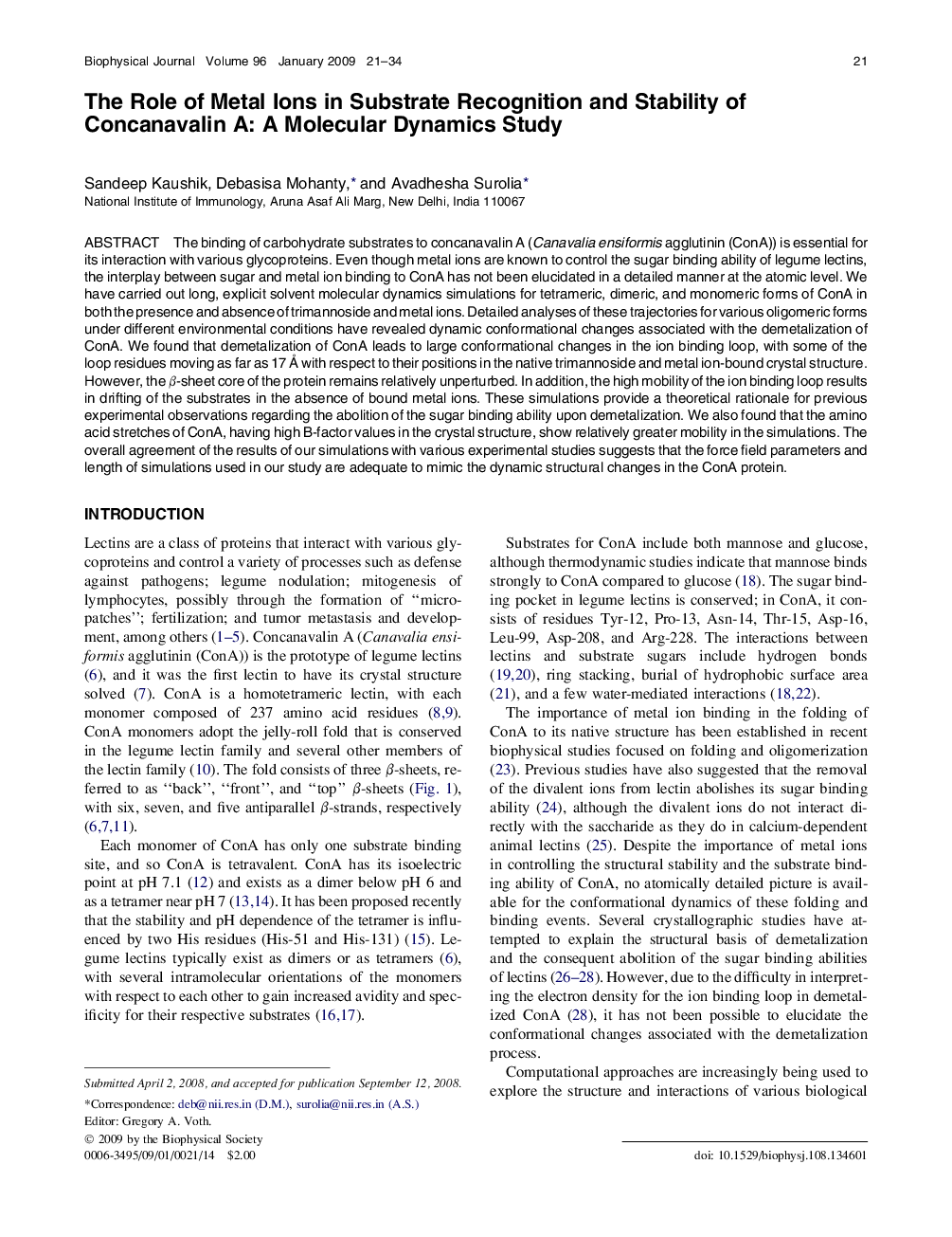 عکس صفحه اول مقاله: The Role of Metal Ions in Substrate Recognition and Stability of Concanavalin A: A Molecular Dynamics Study The Role of Metal Ions in Substrate Recognition and Stability of Concanavalin A: A Molecular Dynamics Study