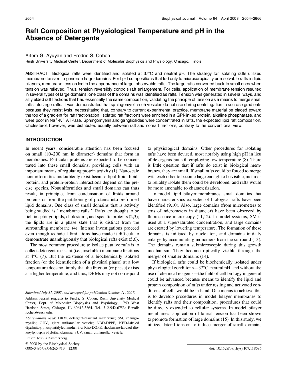 Raft Composition at Physiological Temperature and pH in the Absence of Detergents 