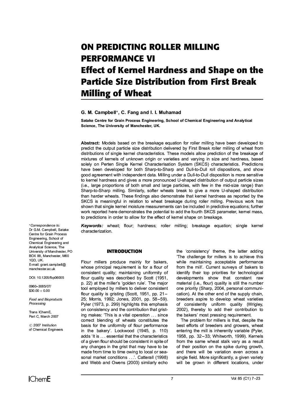 On Predicting Roller Milling Performance VI: Effect of Kernel Hardness and Shape on the Particle Size Distribution from First Break Milling of Wheat