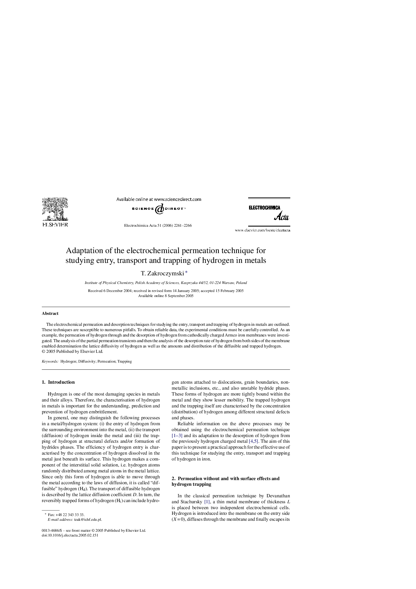 Adaptation of the electrochemical permeation technique for studying entry, transport and trapping of hydrogen in metals