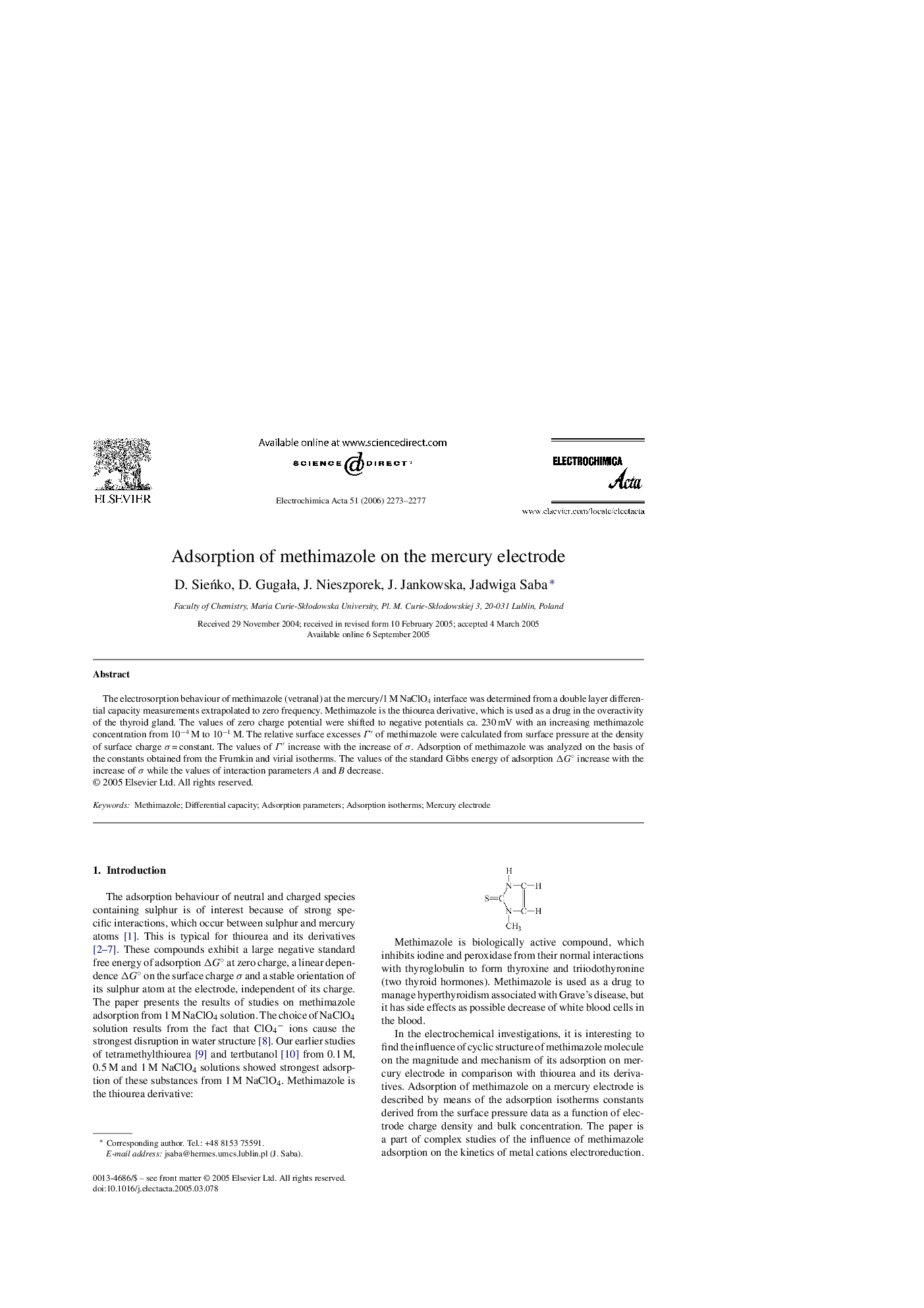 Adsorption of methimazole on the mercury electrode