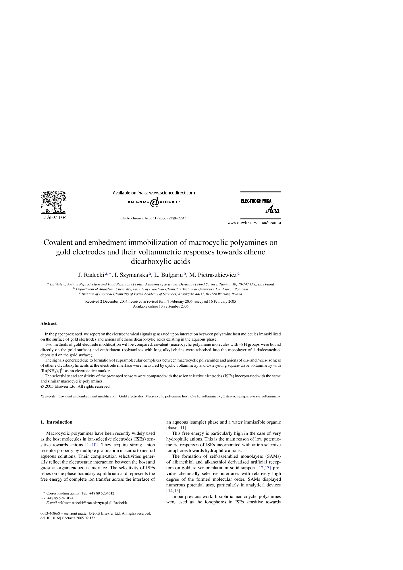 Covalent and embedment immobilization of macrocyclic polyamines on gold electrodes and their voltammetric responses towards ethene dicarboxylic acids