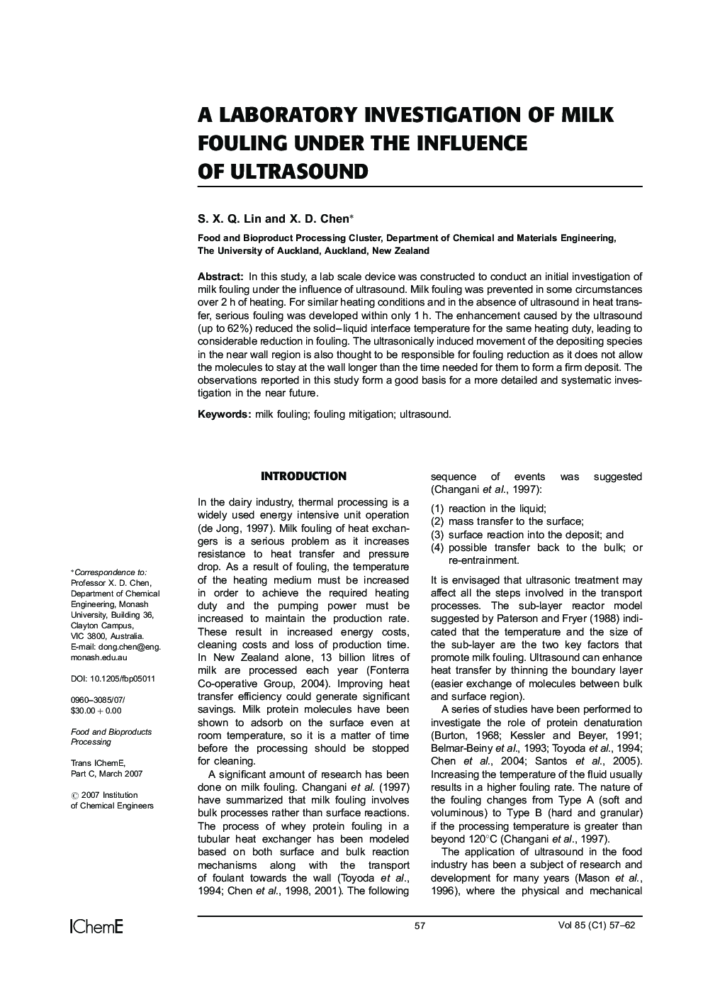 A Laboratory Investigation of Milk Fouling Under the Influence of Ultrasound