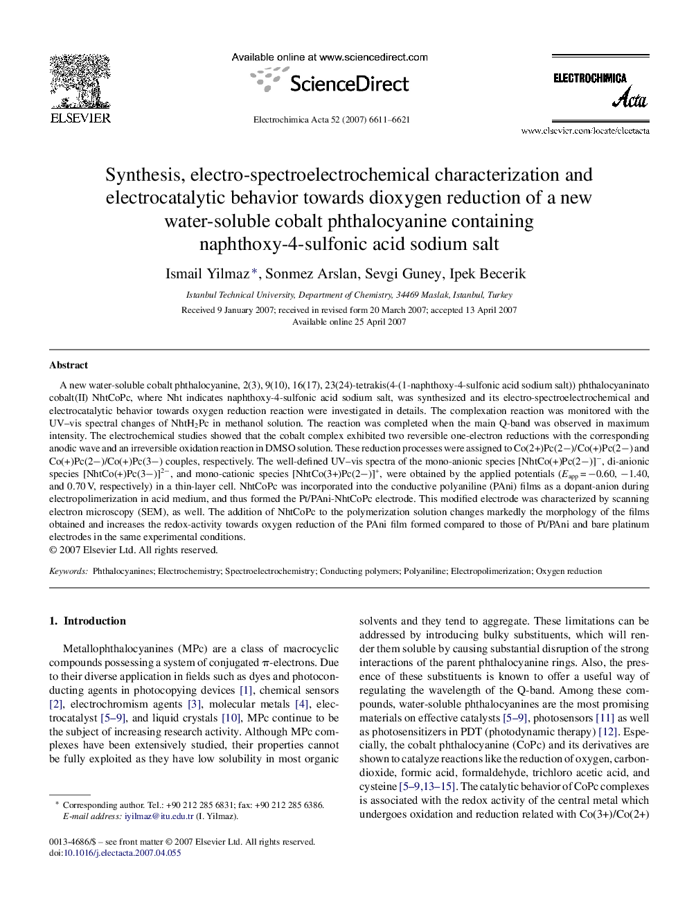 Synthesis, electro-spectroelectrochemical characterization and electrocatalytic behavior towards dioxygen reduction of a new water-soluble cobalt phthalocyanine containing naphthoxy-4-sulfonic acid sodium salt