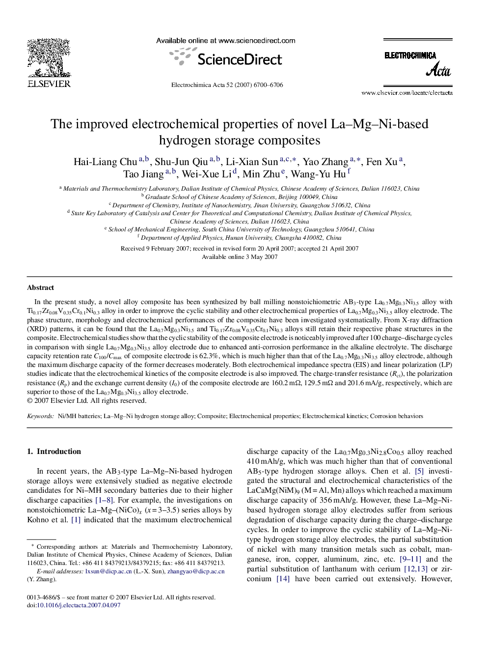 عکس صفحه اول مقاله: The improved electrochemical properties of novel La–Mg–Ni-based hydrogen storage composites The improved electrochemical properties of novel La–Mg–Ni-based hydrogen storage composites