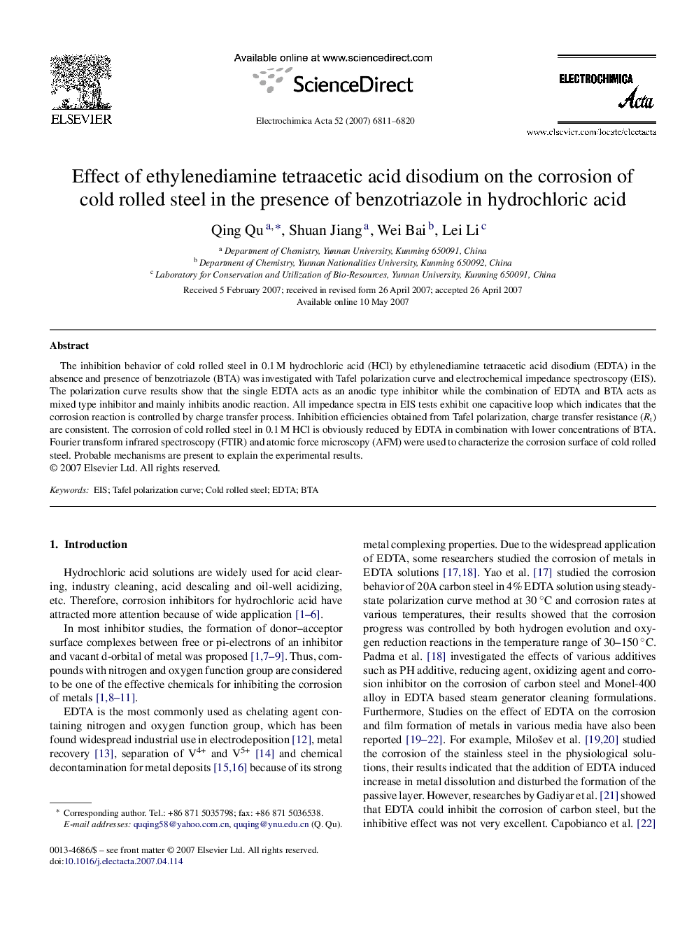 Effect of ethylenediamine tetraacetic acid disodium on the corrosion of cold rolled steel in the presence of benzotriazole in hydrochloric acid