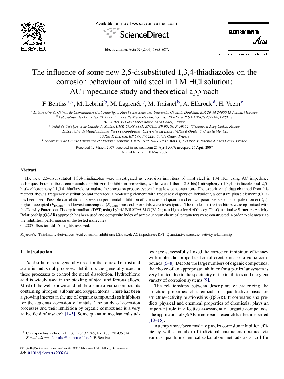 The influence of some new 2,5-disubstituted 1,3,4-thiadiazoles on the corrosion behaviour of mild steel in 1 M HCl solution: AC impedance study and theoretical approach