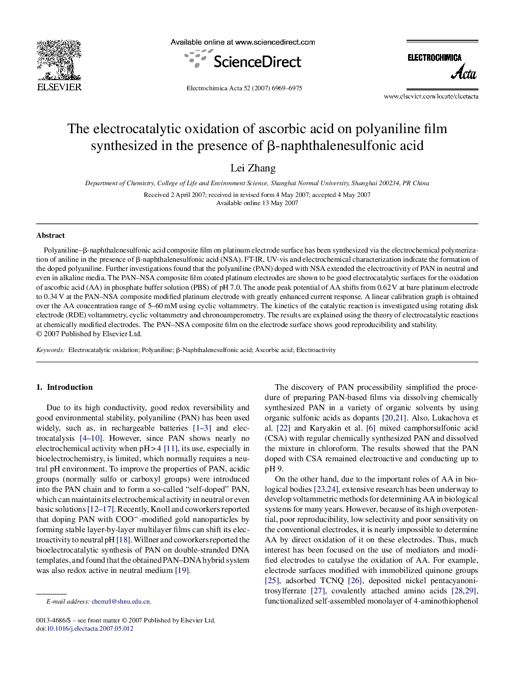 The electrocatalytic oxidation of ascorbic acid on polyaniline film synthesized in the presence of β-naphthalenesulfonic acid