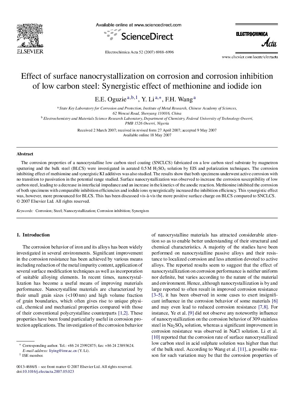 Effect of surface nanocrystallization on corrosion and corrosion inhibition of low carbon steel: Synergistic effect of methionine and iodide ion