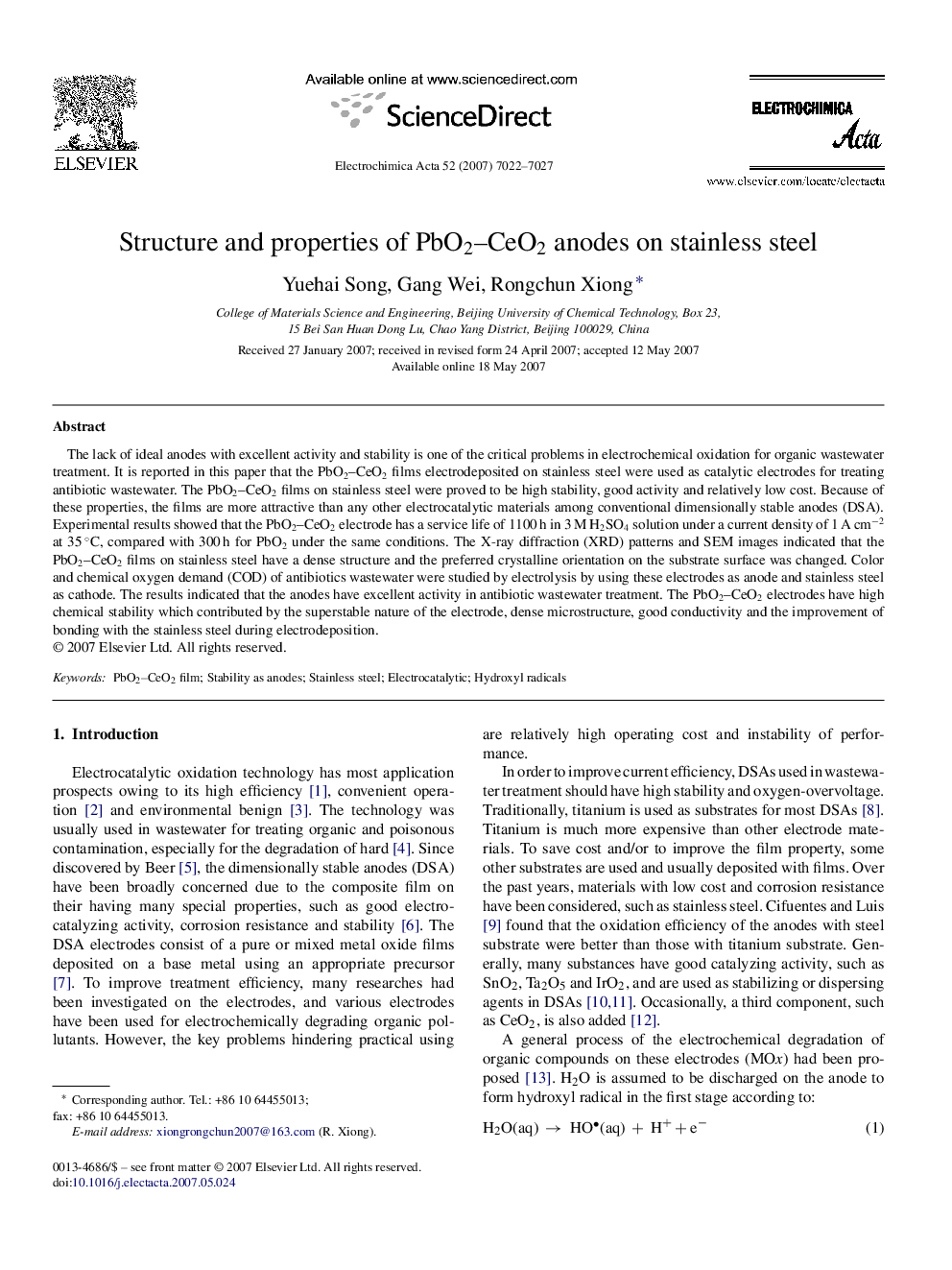 Structure and properties of PbO2–CeO2 anodes on stainless steel