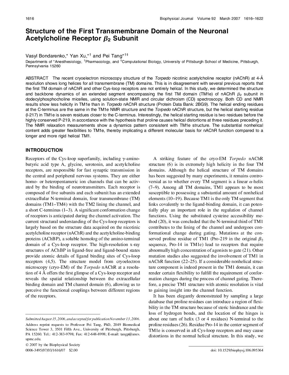 Structure of the First Transmembrane Domain of the Neuronal Acetylcholine Receptor β2 Subunit