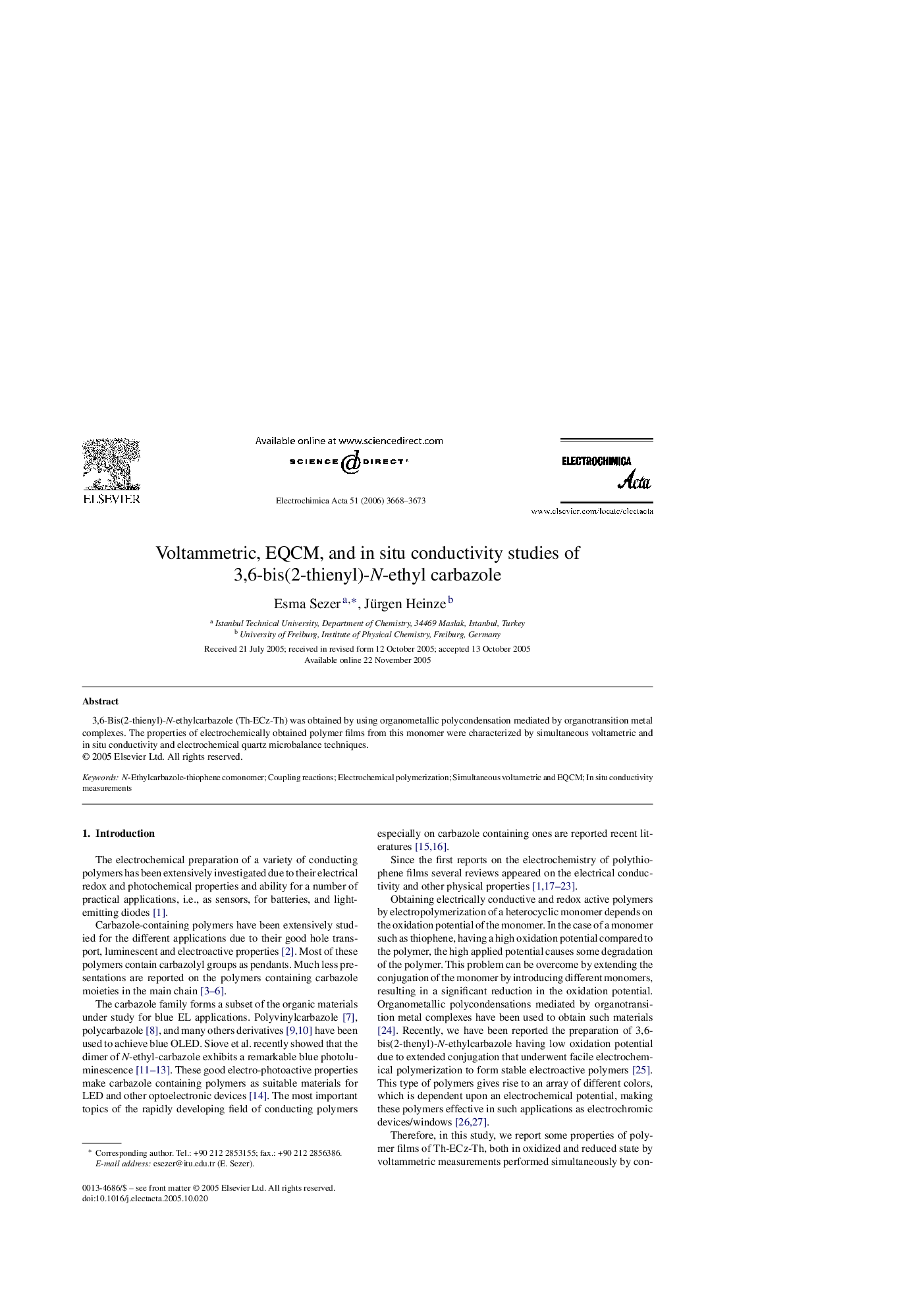 Voltammetric, EQCM, and in situ conductivity studies of 3,6-bis(2-thienyl)-N-ethyl carbazole