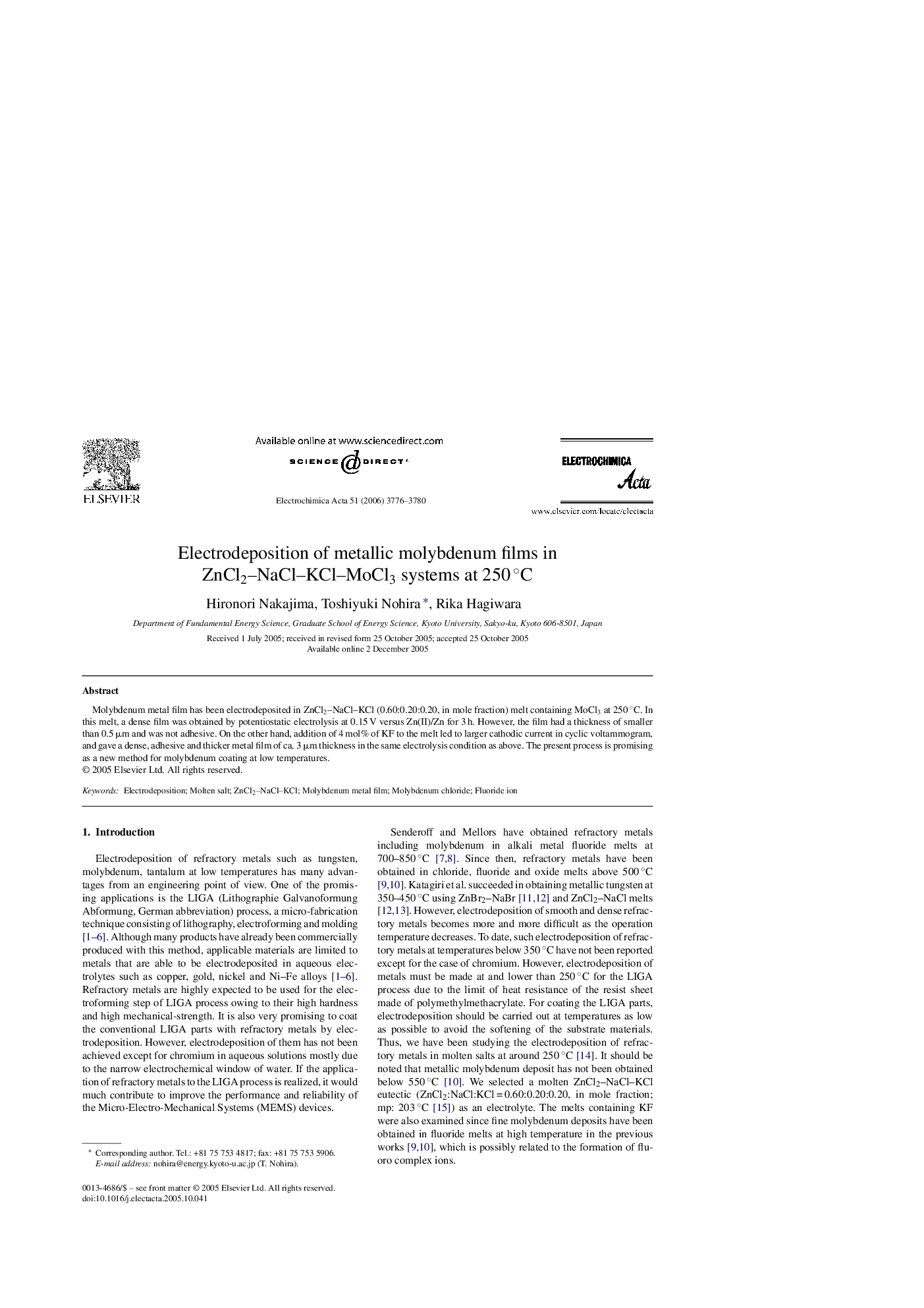 Electrodeposition of metallic molybdenum films in ZnCl2–NaCl–KCl–MoCl3 systems at 250 °C