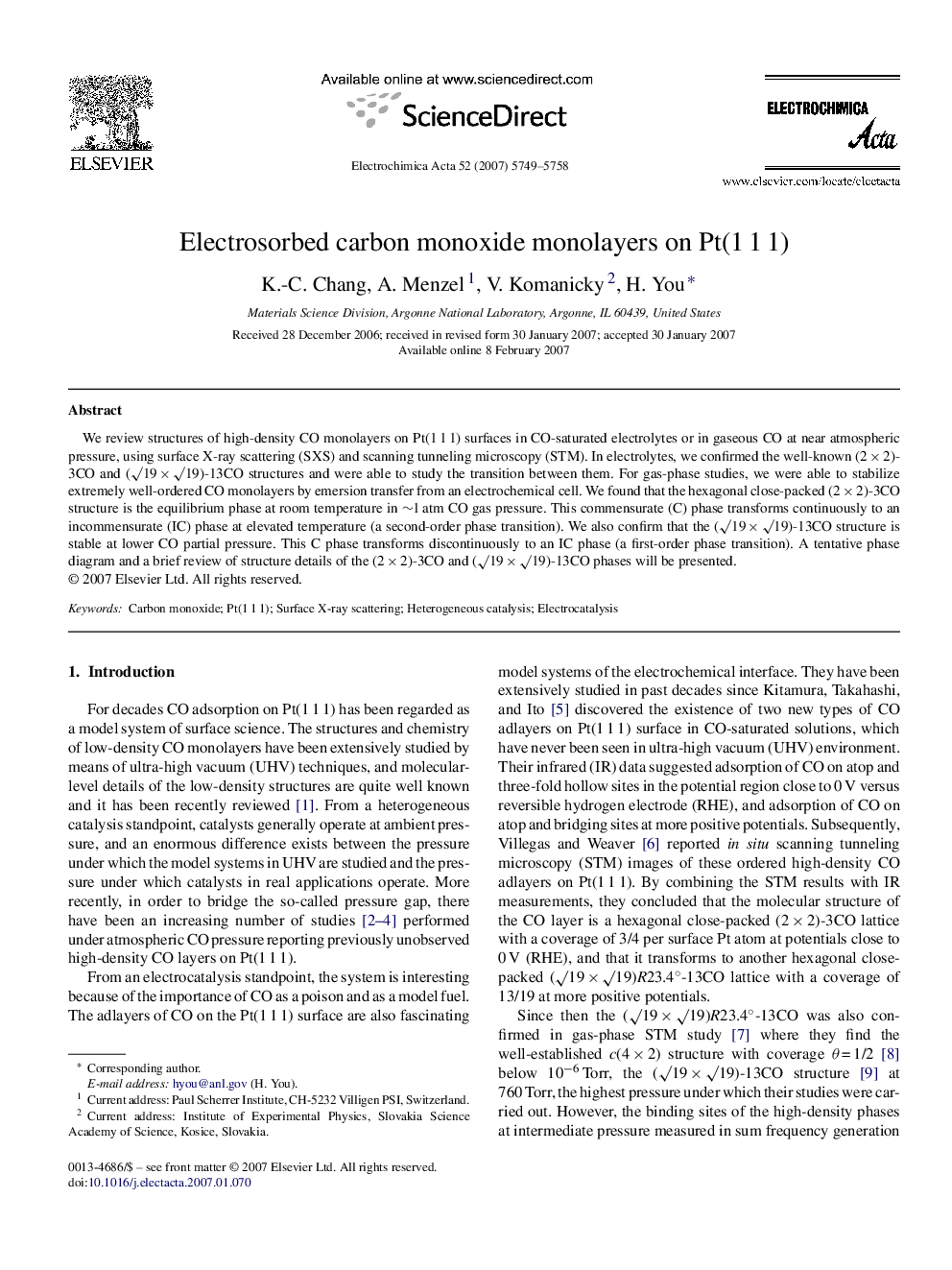 Electrosorbed carbon monoxide monolayers on Pt(1 1 1)