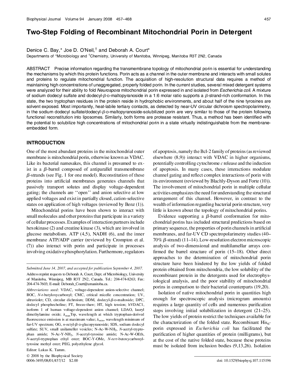 Two-Step Folding of Recombinant Mitochondrial Porin in Detergent 