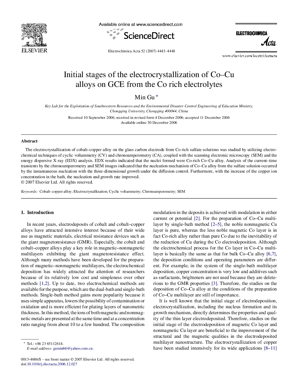 Initial stages of the electrocrystallization of Co–Cu alloys on GCE from the Co rich electrolytes