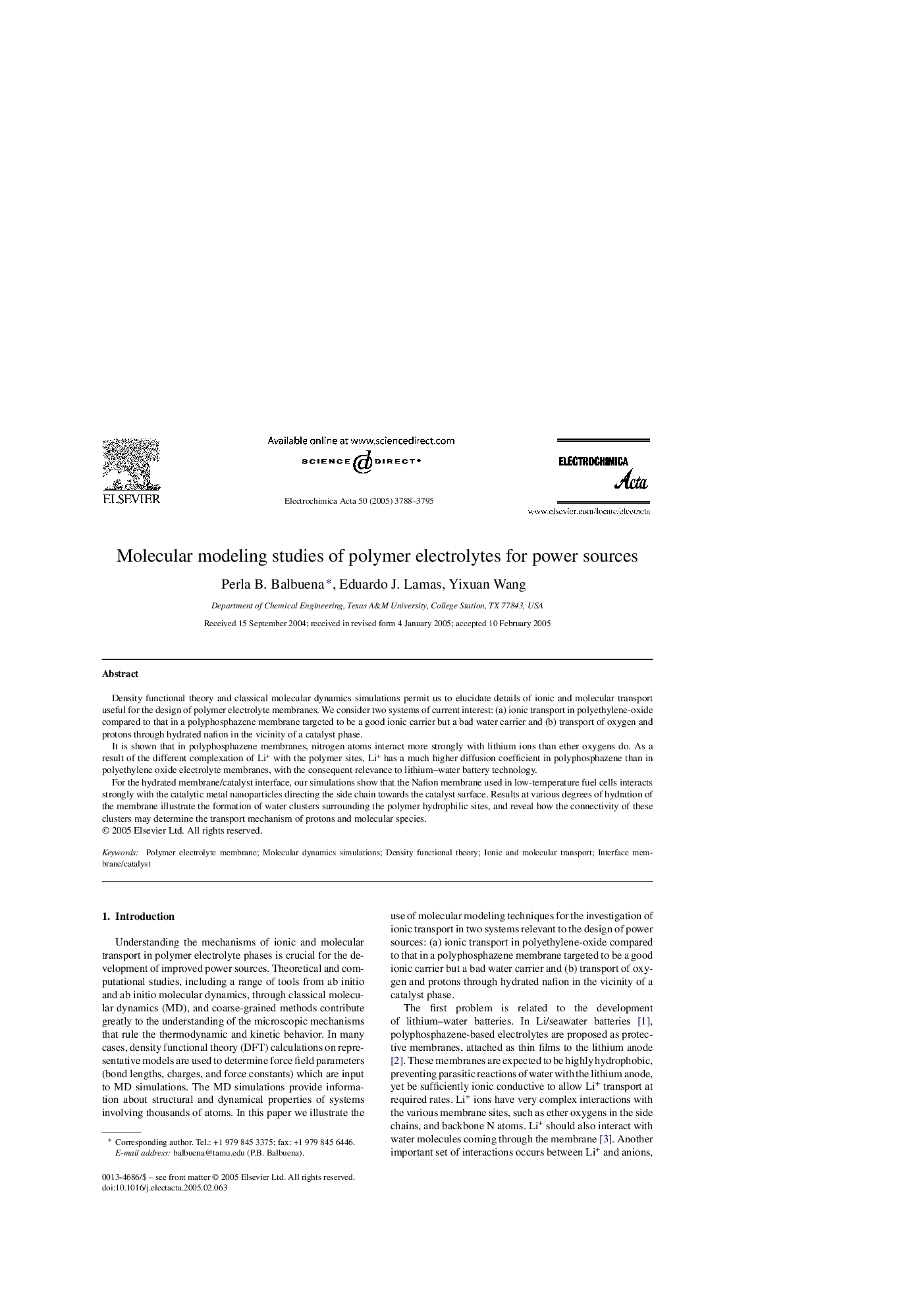 Molecular modeling studies of polymer electrolytes for power sources