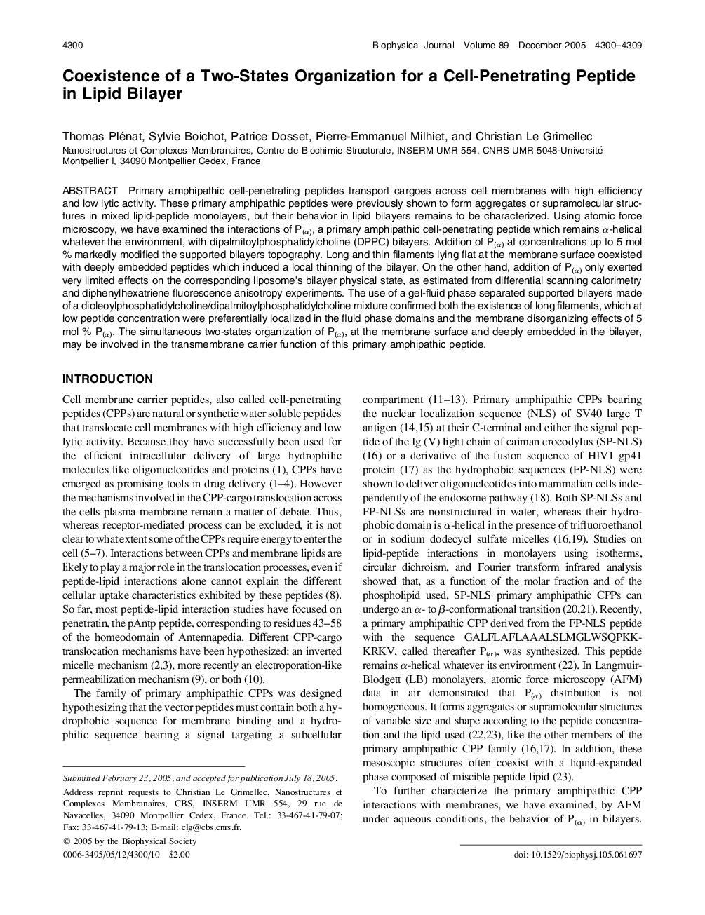 عکس صفحه اول مقاله: Coexistence of a Two-States Organization for a Cell-Penetrating Peptide in Lipid Bilayer Coexistence of a Two-States Organization for a Cell-Penetrating Peptide in Lipid Bilayer