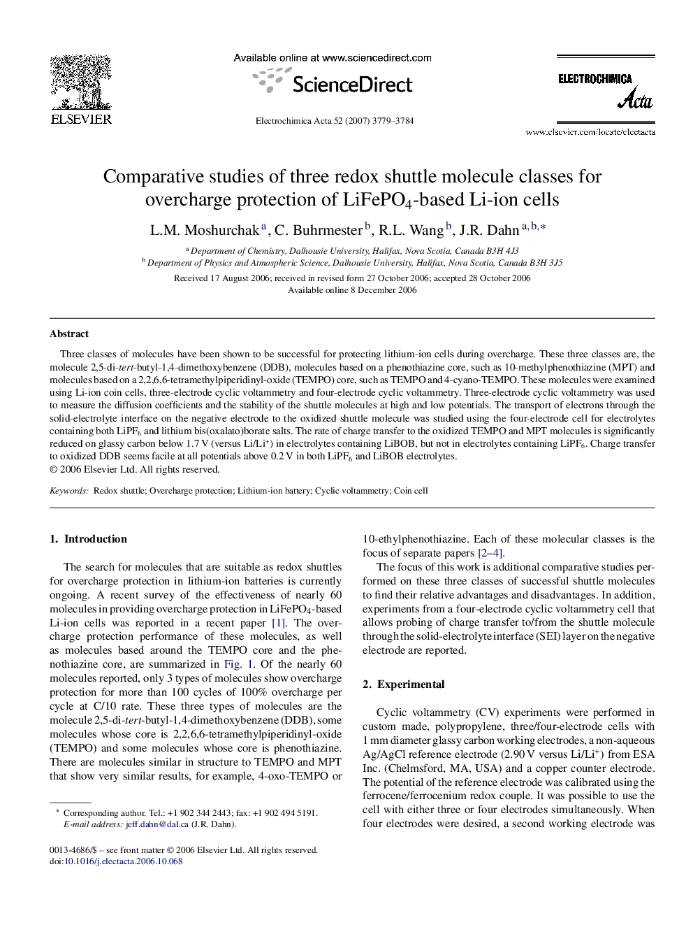 Comparative studies of three redox shuttle molecule classes for overcharge protection of LiFePO4-based Li-ion cells