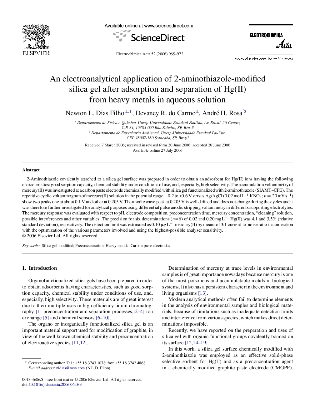 An electroanalytical application of 2-aminothiazole-modified silica gel after adsorption and separation of Hg(II) from heavy metals in aqueous solution