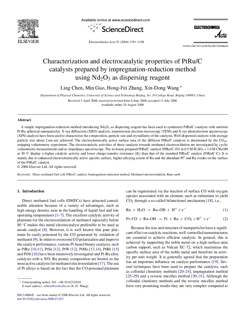 Characterization and electrocatalytic properties of PtRu/C catalysts prepared by impregnation-reduction method using Nd2O3 as dispersing reagent