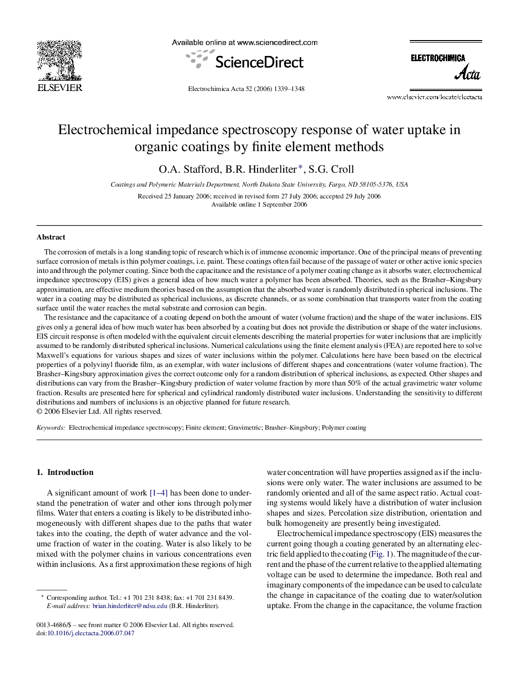 Electrochemical impedance spectroscopy response of water uptake in organic coatings by finite element methods