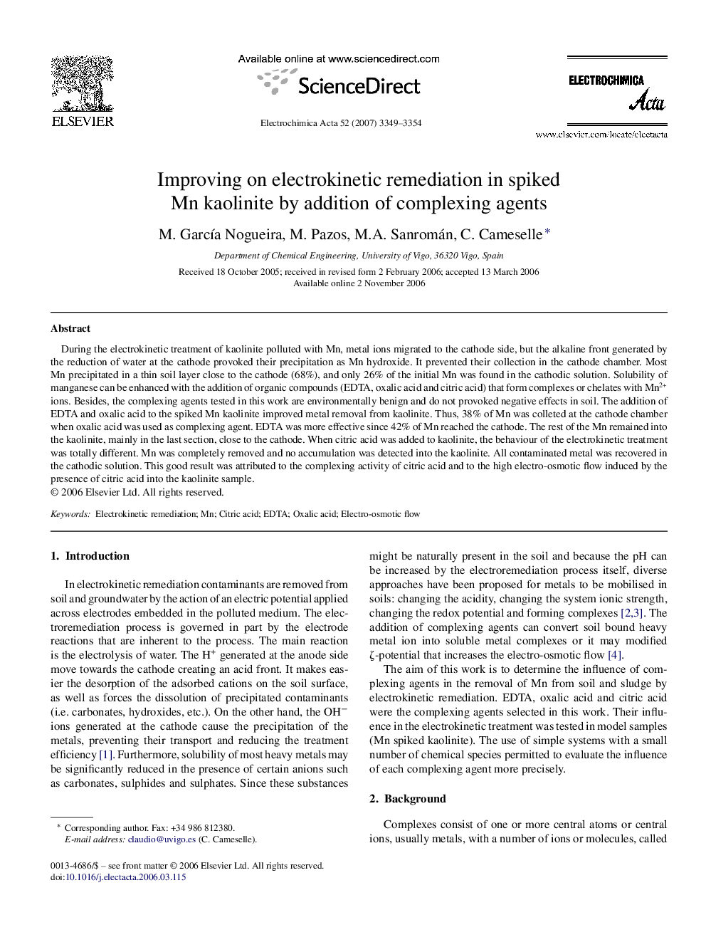 Improving on electrokinetic remediation in spiked Mn kaolinite by addition of complexing agents