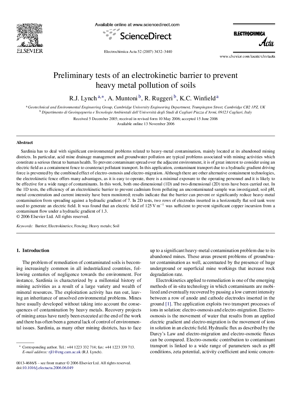 Preliminary tests of an electrokinetic barrier to prevent heavy metal pollution of soils