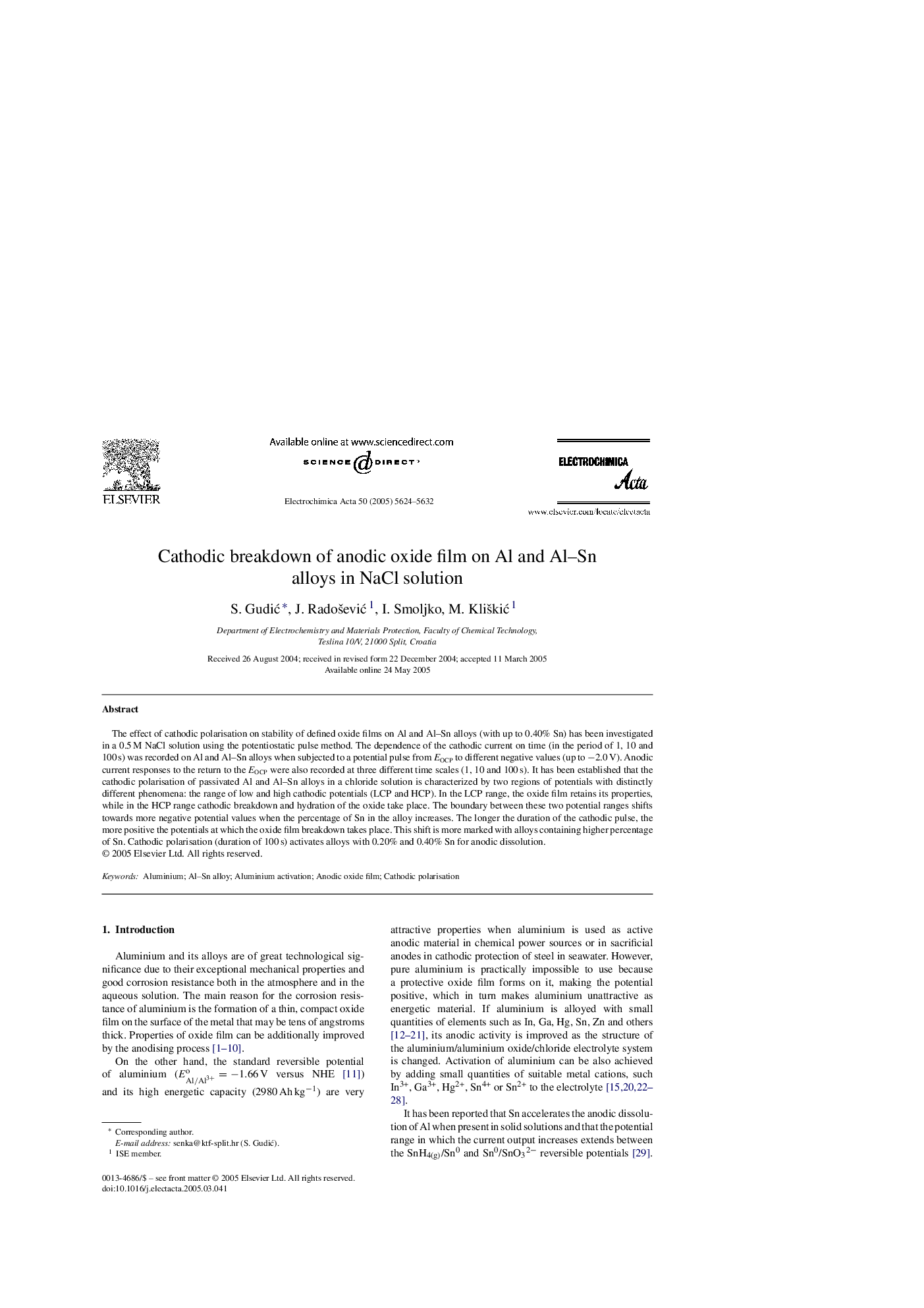Cathodic breakdown of anodic oxide film on Al and Al–Sn alloys in NaCl solution
