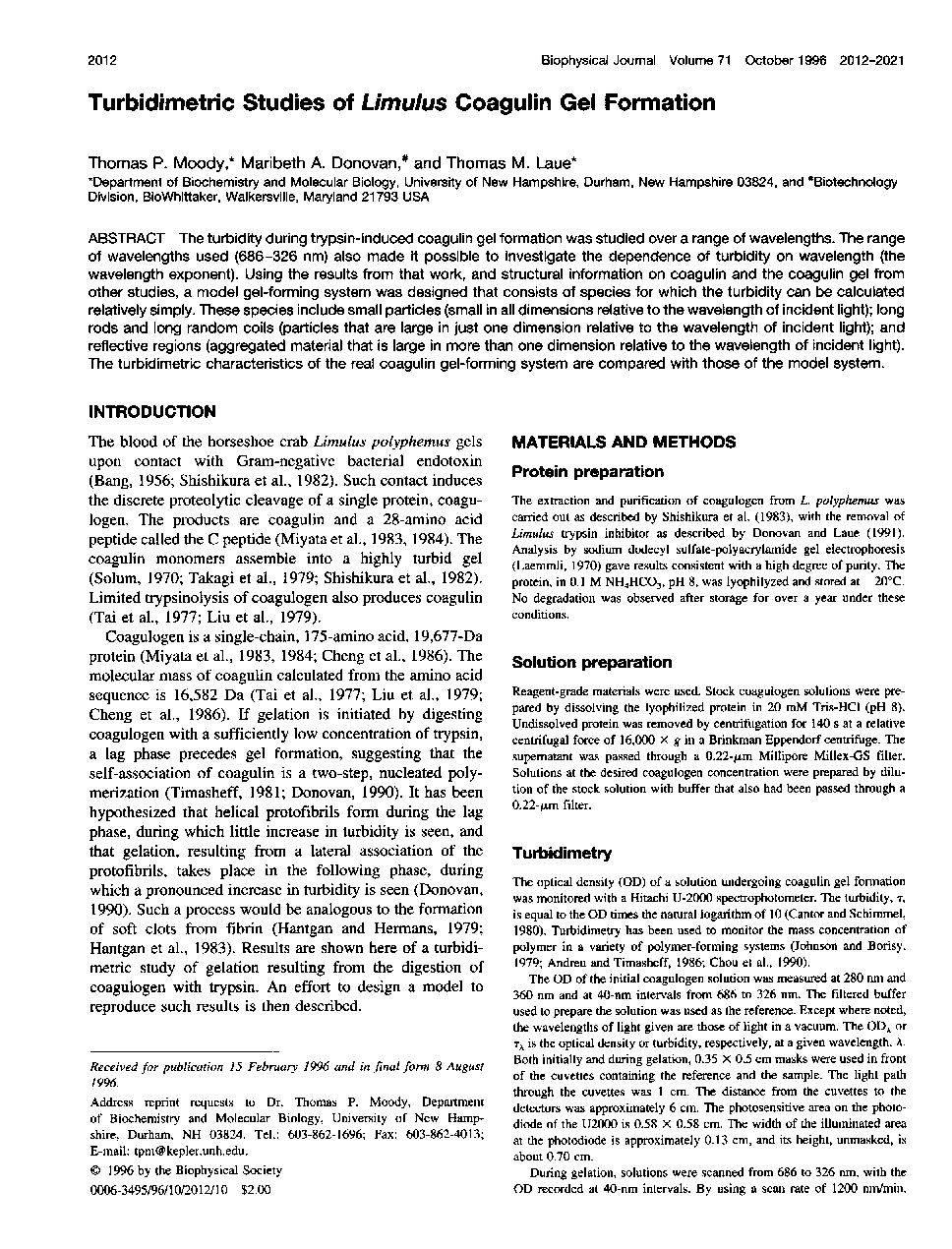Turbidimetric studies of Limulus coagulin gel formation