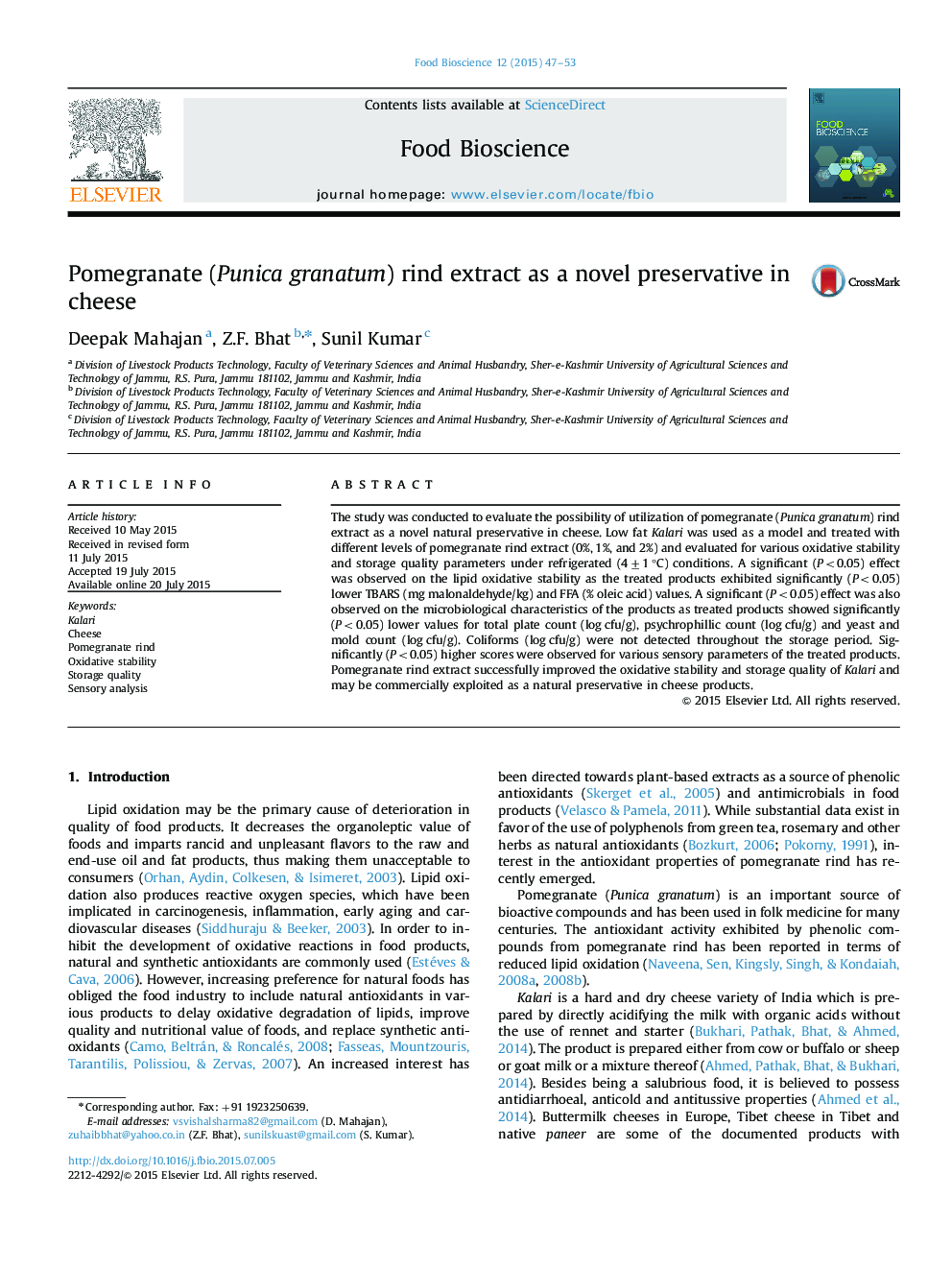 Pomegranate (Punica granatum) rind extract as a novel preservative in cheese