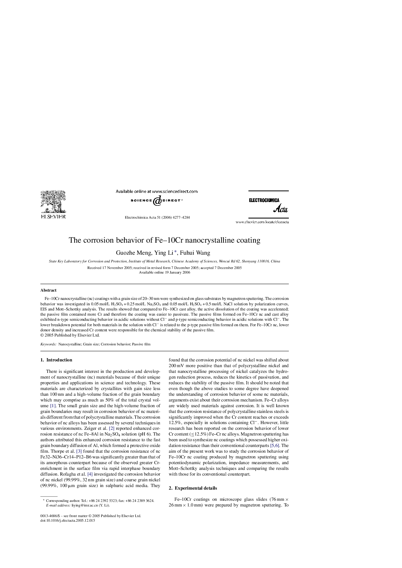 The corrosion behavior of Fe–10Cr nanocrystalline coating