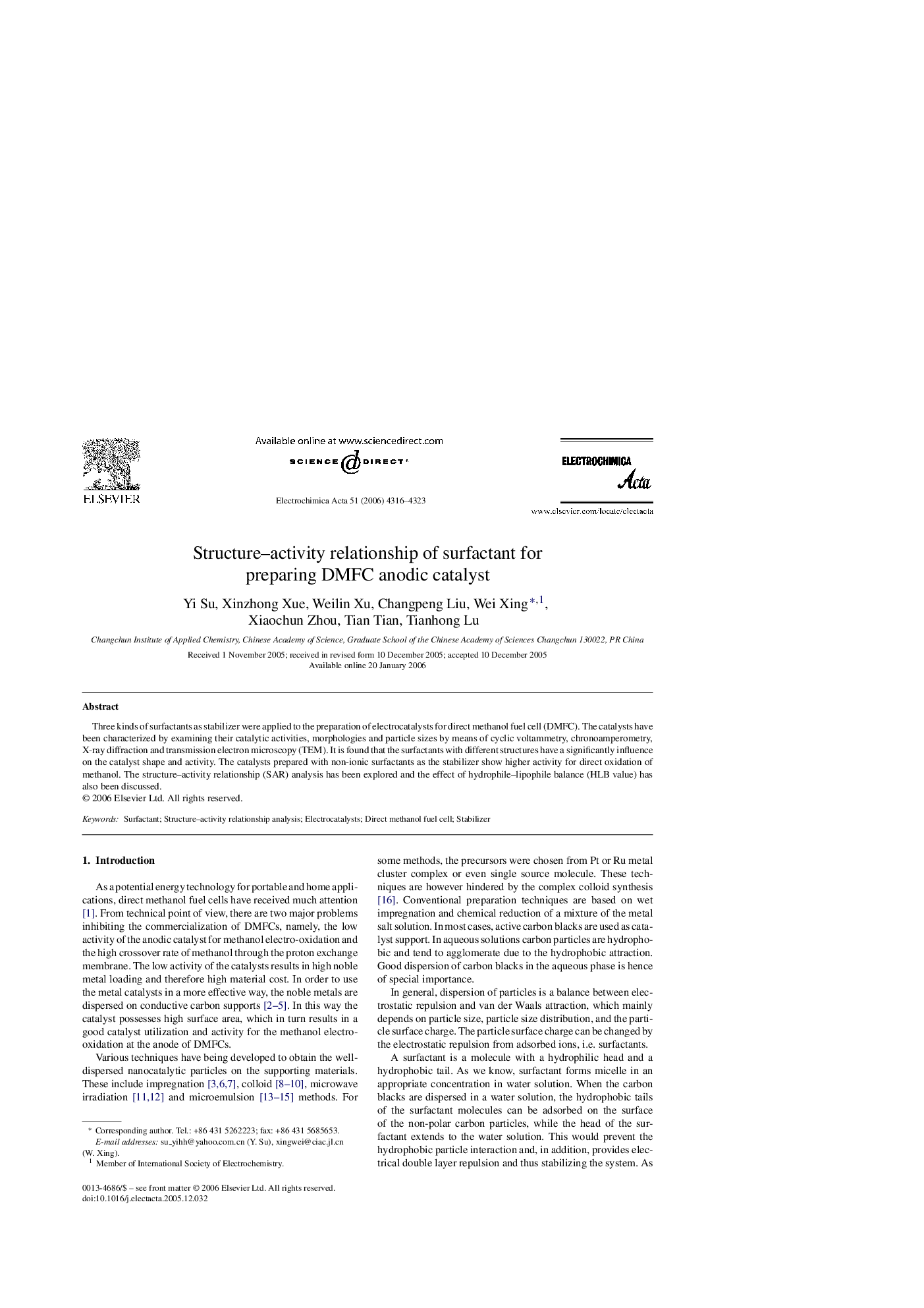 Structure–activity relationship of surfactant for preparing DMFC anodic catalyst